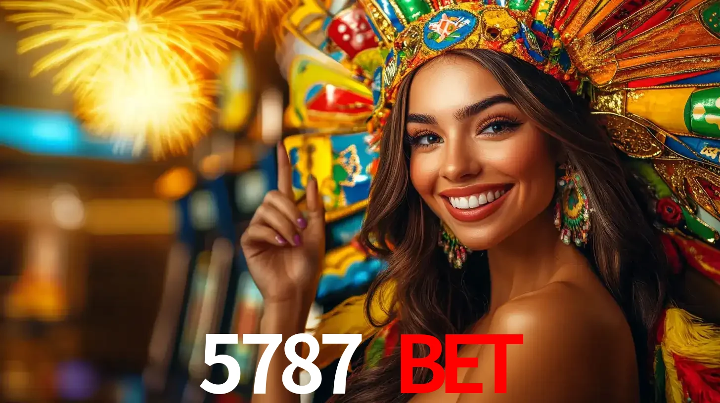 Mulher sorridente com um cocar de carnaval vibrante e colorido, celebrando uma grande vitória nos jogos do cassino 5787 BET com fogos de artifício ao fundo.