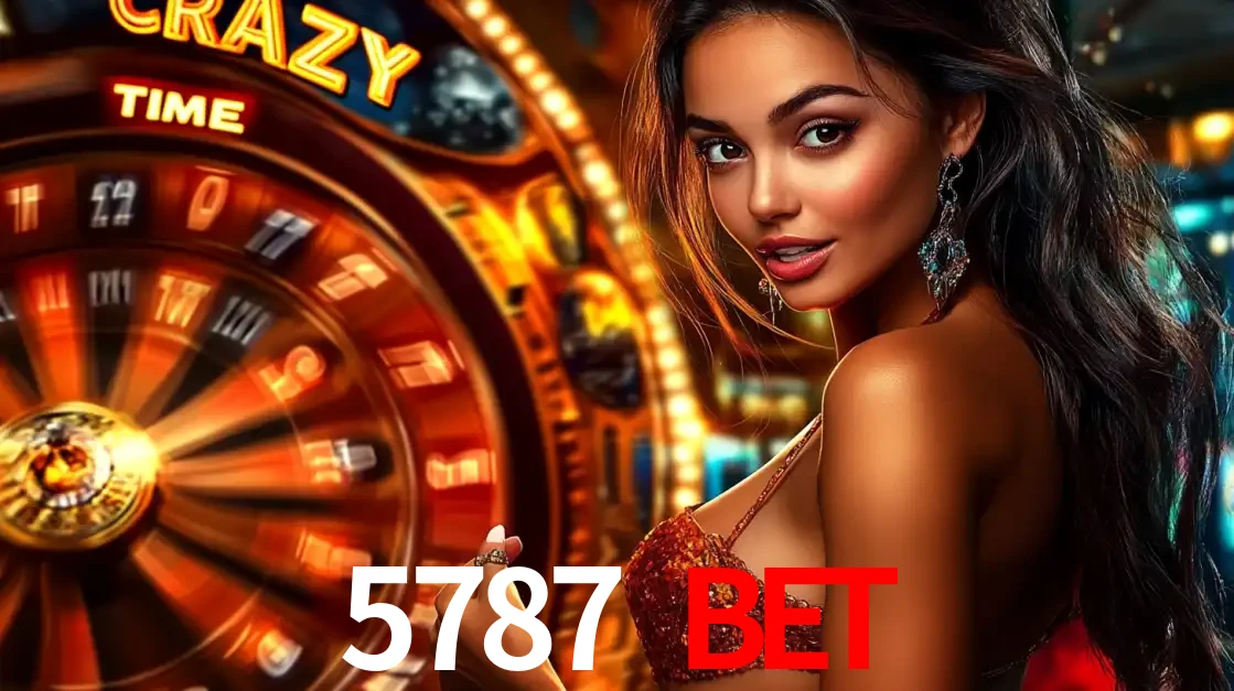 Mulher ao lado da roda de prêmios do jogo de cassino ao vivo Crazy Time, um dos shows de jogos mais emocionantes oferecidos pela plataforma de apostas 5787 BET.