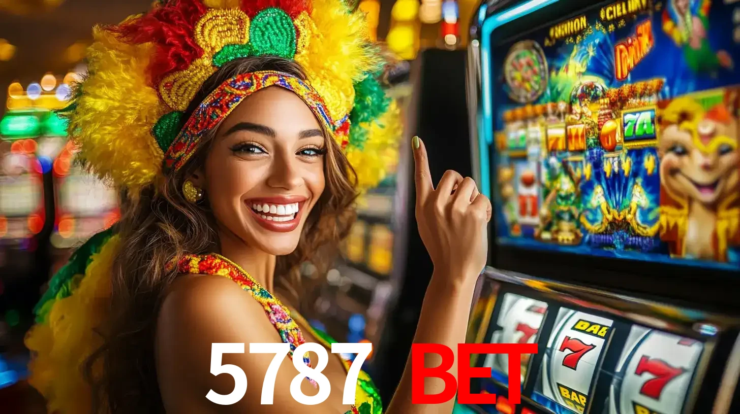 Mulher animada com um cocar de carnaval apontando para uma máquina de caça-níqueis, mostrando a emoção de ganhar um grande prêmio nos jogos do 5787 BET.