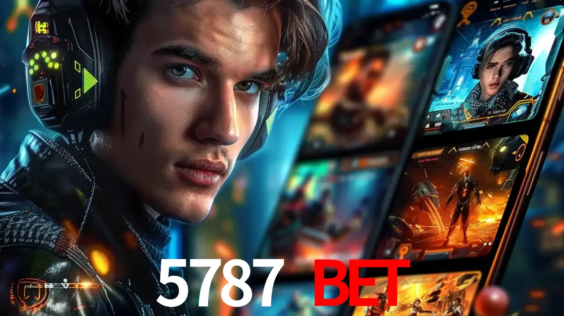 Jovem jogador com fones de ouvido olhando para a câmera, com um aplicativo de jogos e e-sports para celular ao fundo, pronto para a competição e apostas no 5787 BET.
