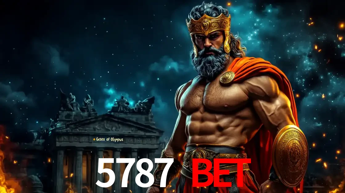 O poderoso Zeus do jogo de slot Gates of Olympus em frente ao seu templo, pronto para lançar multiplicadores divinos e prêmios épicos no cassino online 5787 BET.