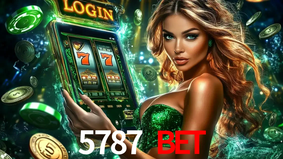 Mulher com tema verde apresentando o aplicativo do cassino 5787 BET com um jogo de slot de 777, cercada por fichas de cassino e uma aura de sorte.