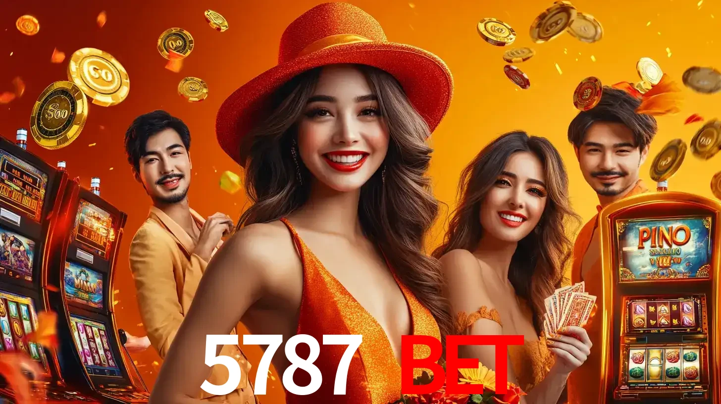 Grupo de amigos asiáticos sorrindo e se divertindo com máquinas de caça-níqueis em um ambiente festivo, celebrando suas vitórias nos jogos de cassino do 5787 BET.