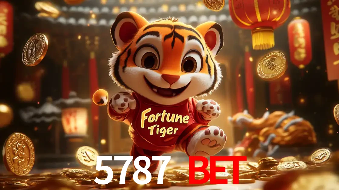 O alegre personagem do Fortune Tiger correndo sobre um caminho de moedas de ouro, simbolizando os grandes prêmios e a diversão do popular jogo de slot do 5787 BET.