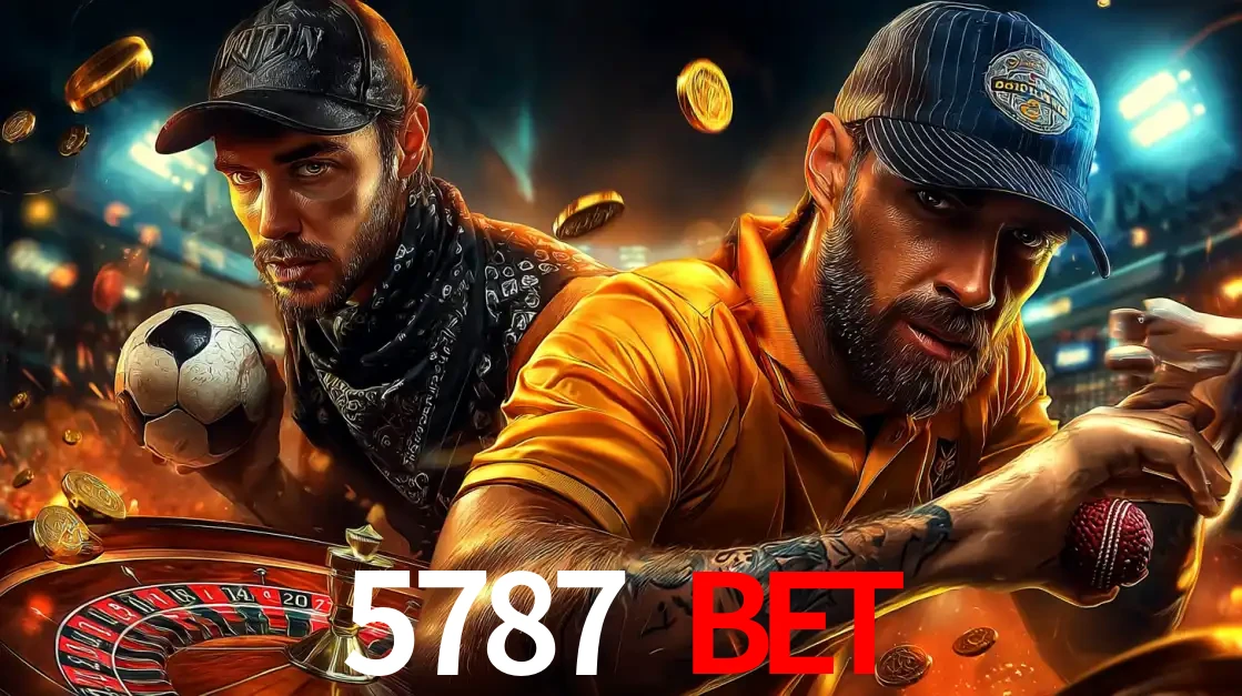 Montagem de apostas esportivas e cassino no 5787 BET, com um homem segurando uma bola de futebol e outro uma de beisebol sobre uma roleta e moedas voadoras.