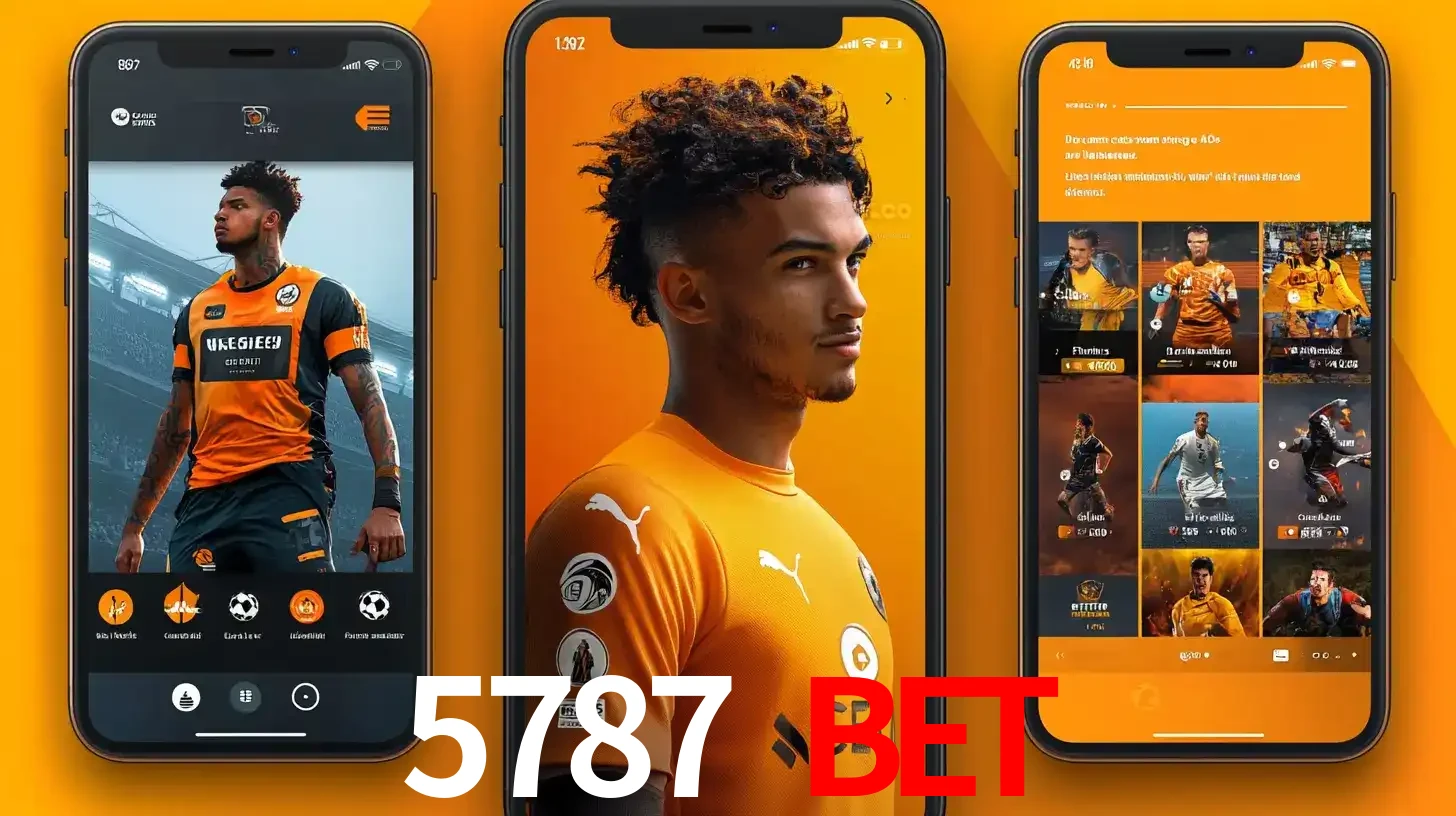Interface do aplicativo de apostas esportivas 5787 BET em três telas de celular, mostrando o perfil de um jogador de futebol e a lista de jogos disponíveis para apostar.