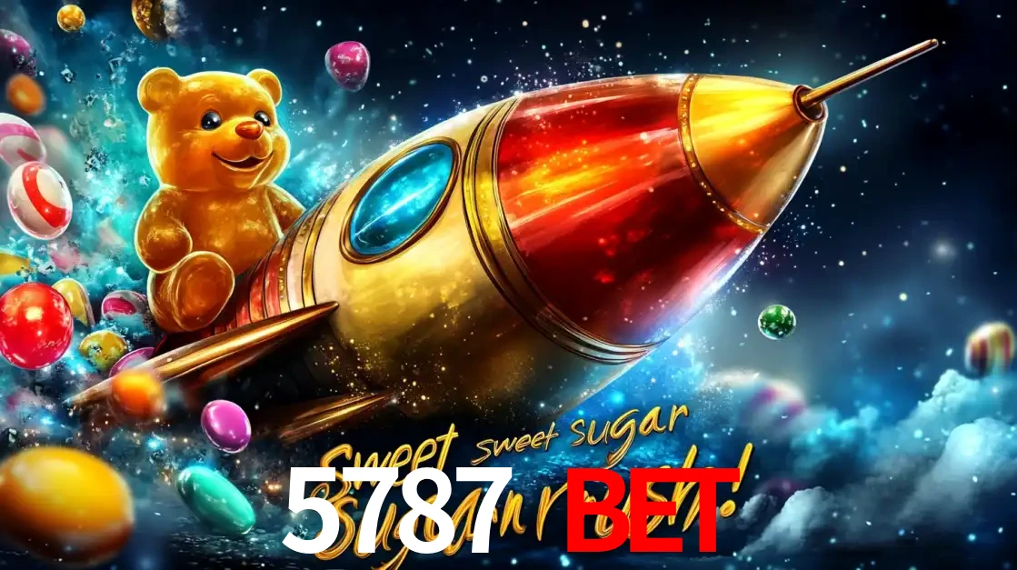 Arte promocional do jogo de slot Sugar Rush, com um urso de pelúcia em um foguete viajando pelo espaço de doces, um dos jogos divertidos disponíveis no cassino 5787 BET.