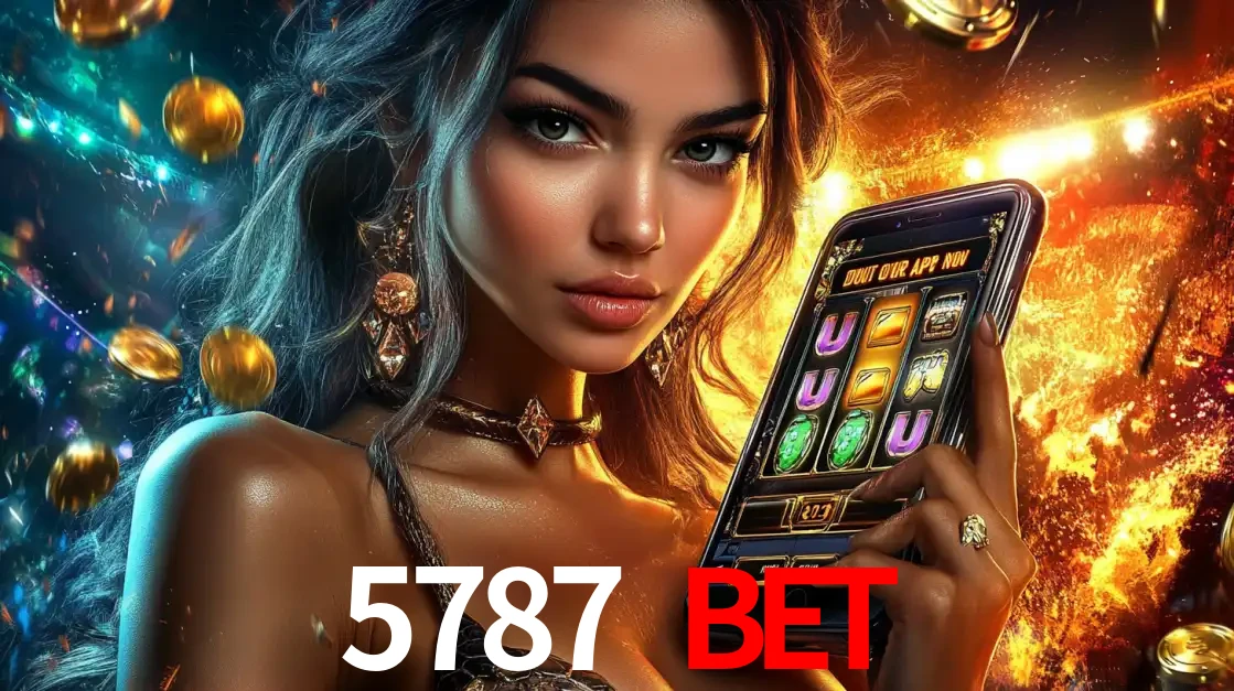 Mulher elegante mostrando um jogo de caça-níqueis em seu smartphone, destacando a experiência de cassino móvel oferecida pelo aplicativo 5787 BET.