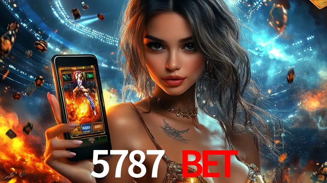 Mulher segurando um celular com um jogo de slot em destaque, tendo como fundo um estádio vibrante, simbolizando a emoção de jogar no cassino móvel 5787 BET.
