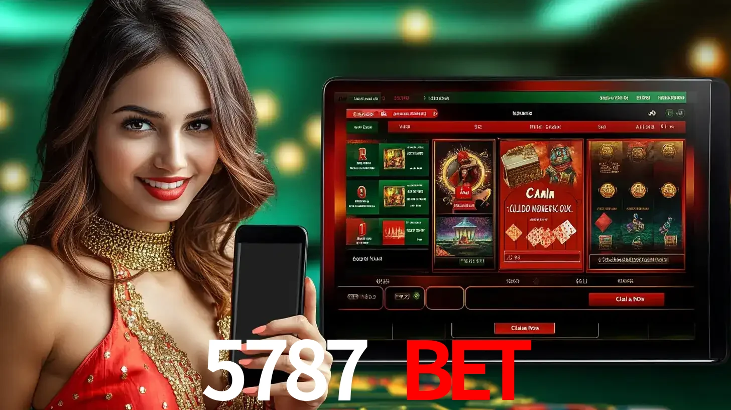 Mulher sorridente segurando um smartphone, ao lado de uma tela exibindo o lobby de jogos do cassino online 5787 BET, com várias opções de jogos de cartas e slots.